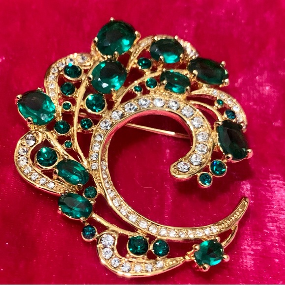 💎 Vtg. Camrose & Kross Jbk Emerald & Clear Glass Rhinestone Feather💎#BROC - Picture 13 of 16